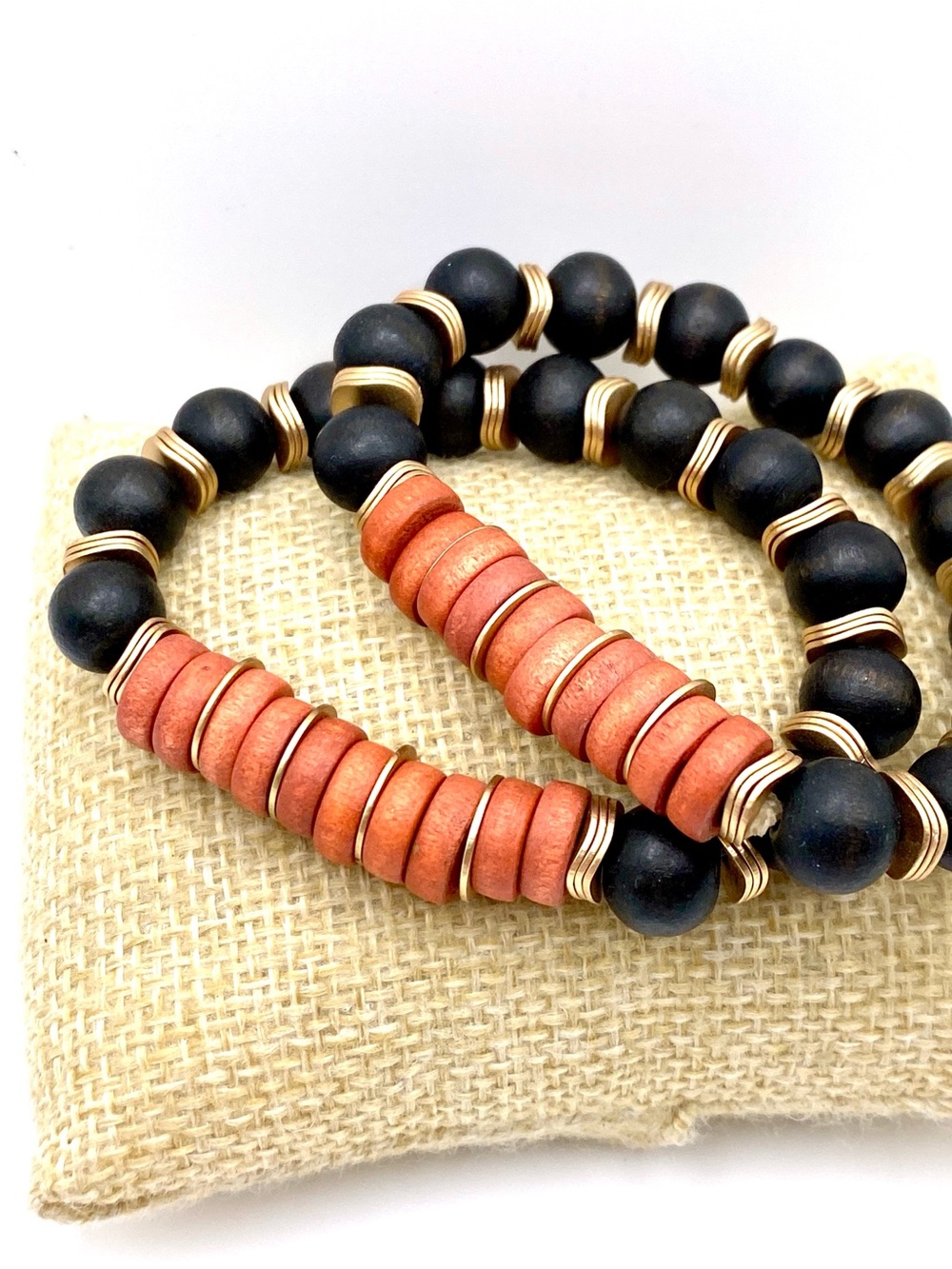 Beautiful Matte Black & Coral Stackable Beaded Bracelet Set - Picture 2 of 5